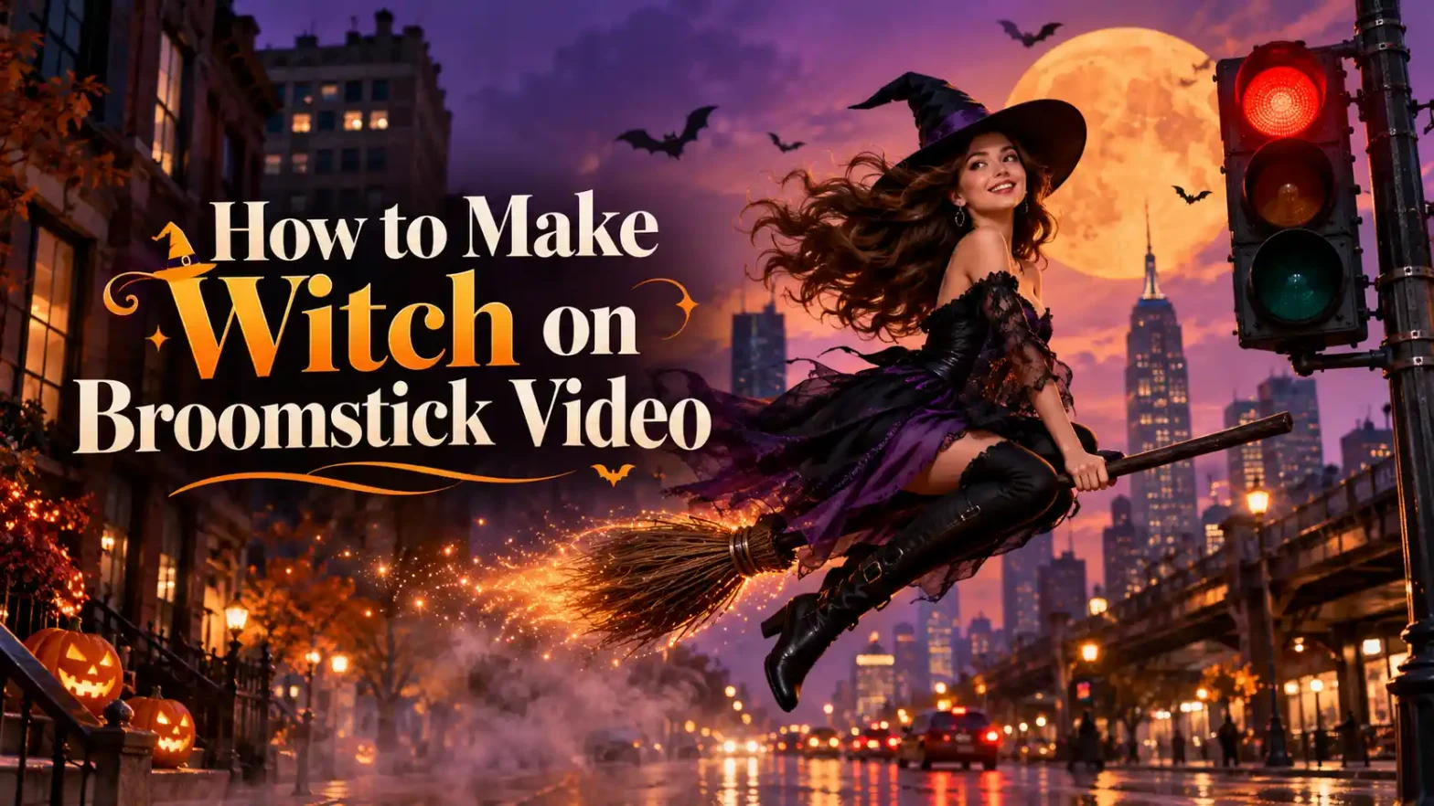 A girl in a witch ensemble on a broom on a street with a traffic light.