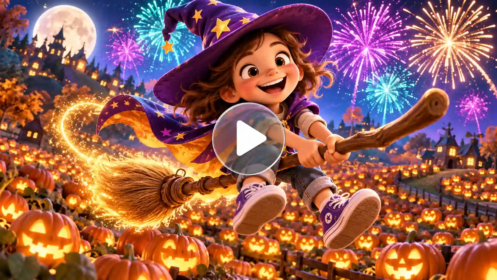 A kid dressed as a wizard on a broom with pumpkin fields and halloween lights. 