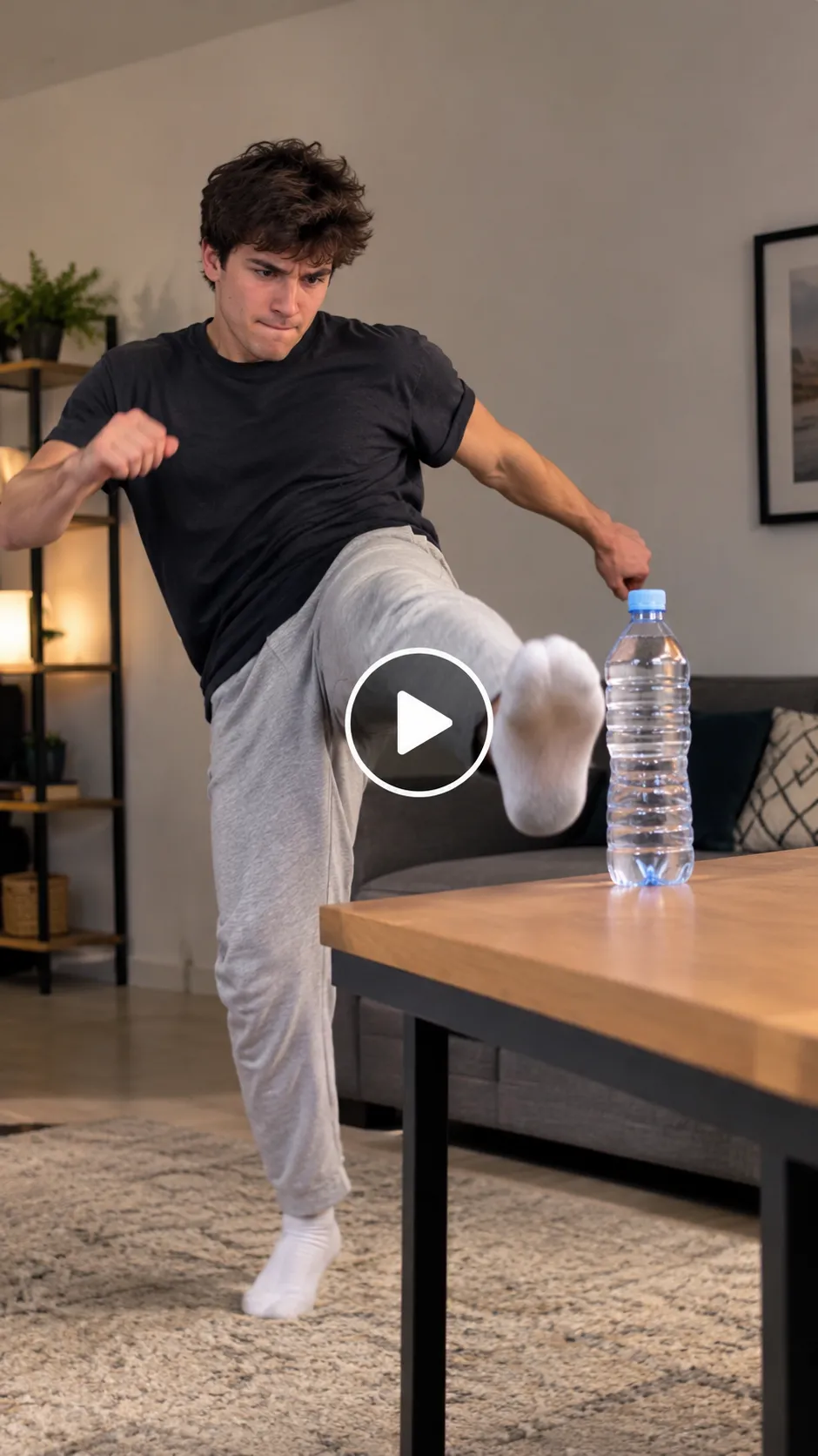 A young man kicking a water bottle mid-air with a centered play button in a cozy living room.