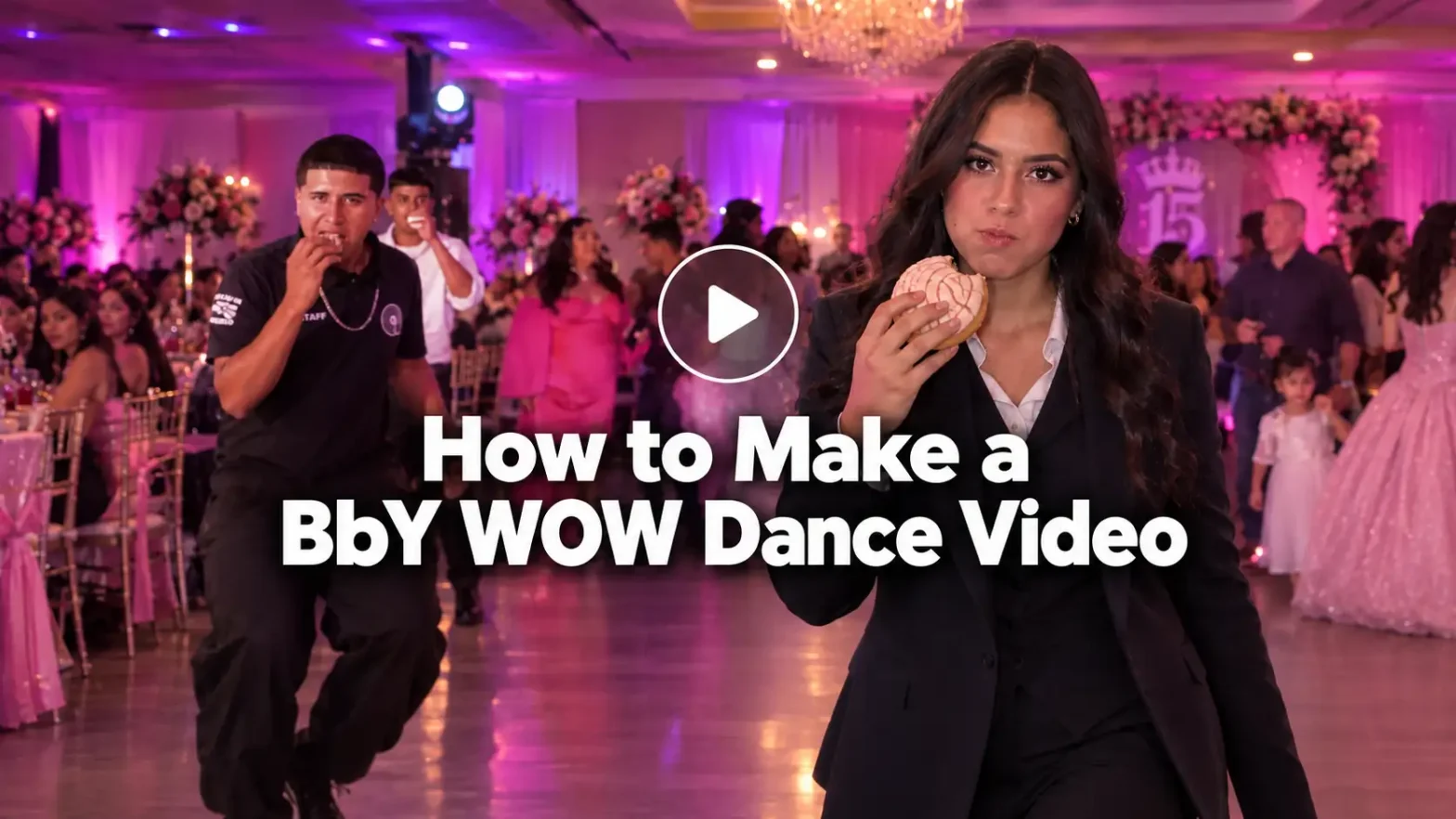 A landscape banner featuring a woman holding a concha and a man dancing at a quinceañera party, with pink-purple lighting, a central play button, and bold white title text.