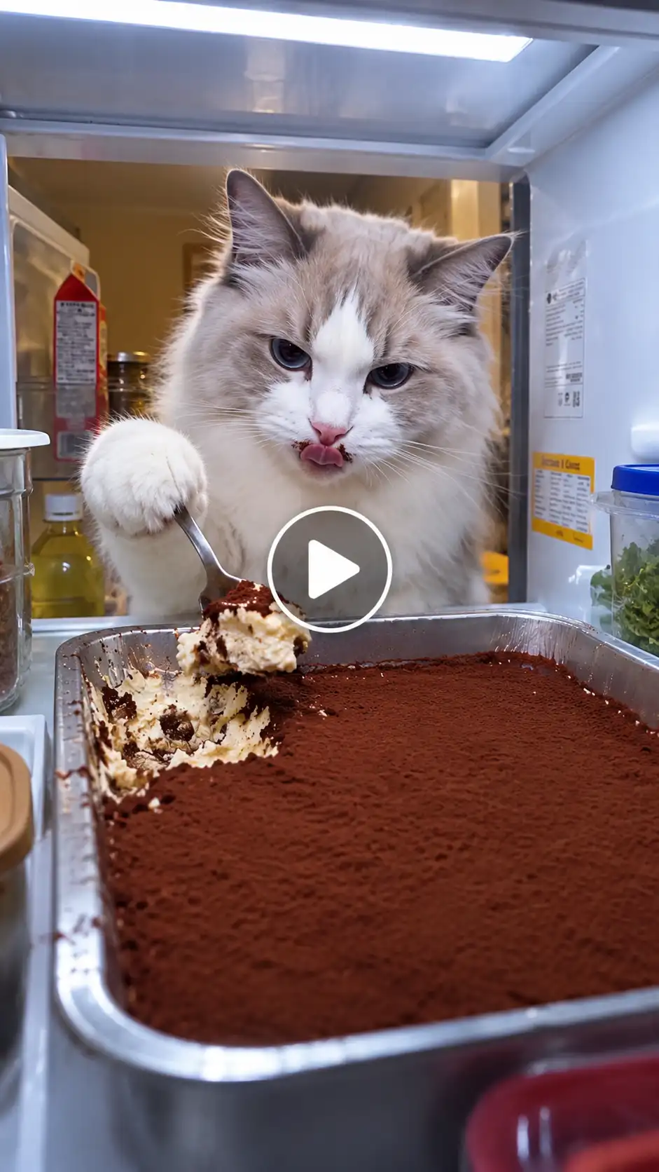 Fluffy gray-and-white cat scooping tiramisu with a spoon inside a refrigerator, with a transparent play button in the center.