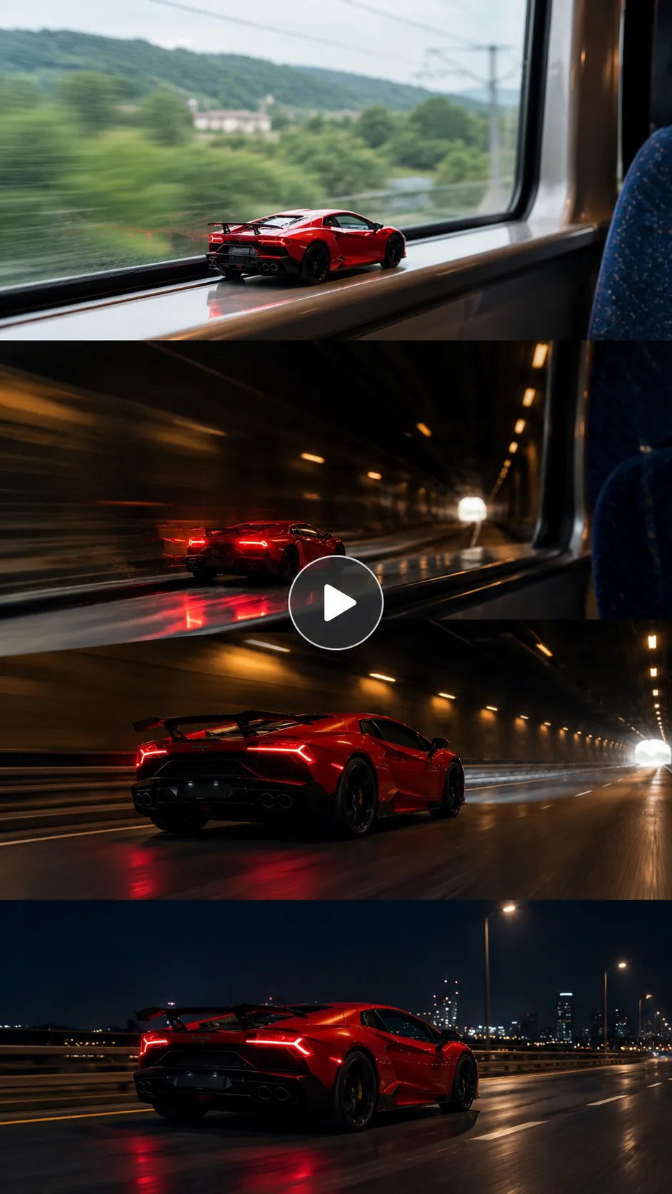Miniature red sports car on a moving train window ledge, transitioning into a full-size car driving through a tunnel, with a transparent play button.