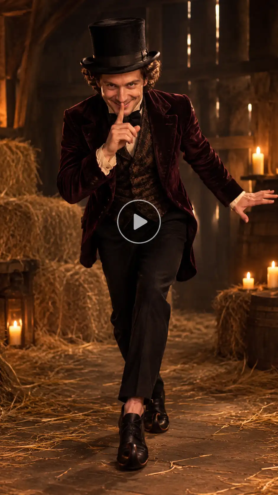 A male character in a velvet jacket performing the Rumpelstiltskin tiptoe dance in a straw barn, with a play button in the center.