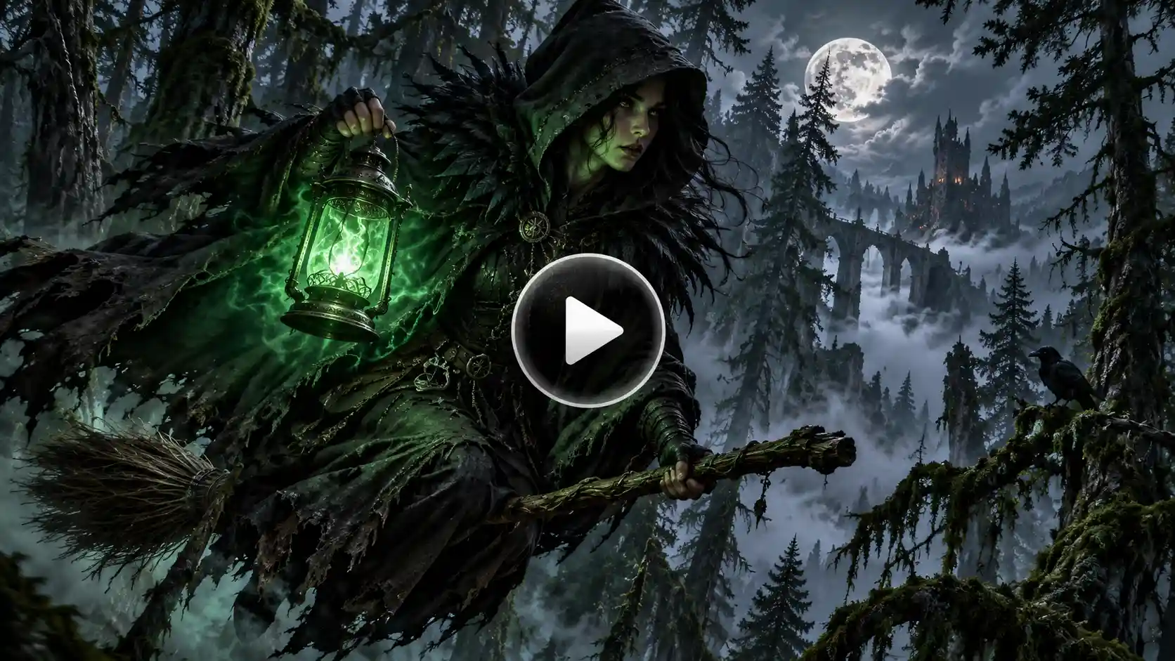 A woman in a dark forest during midnight dressed as a witch on a broom with a lamp.