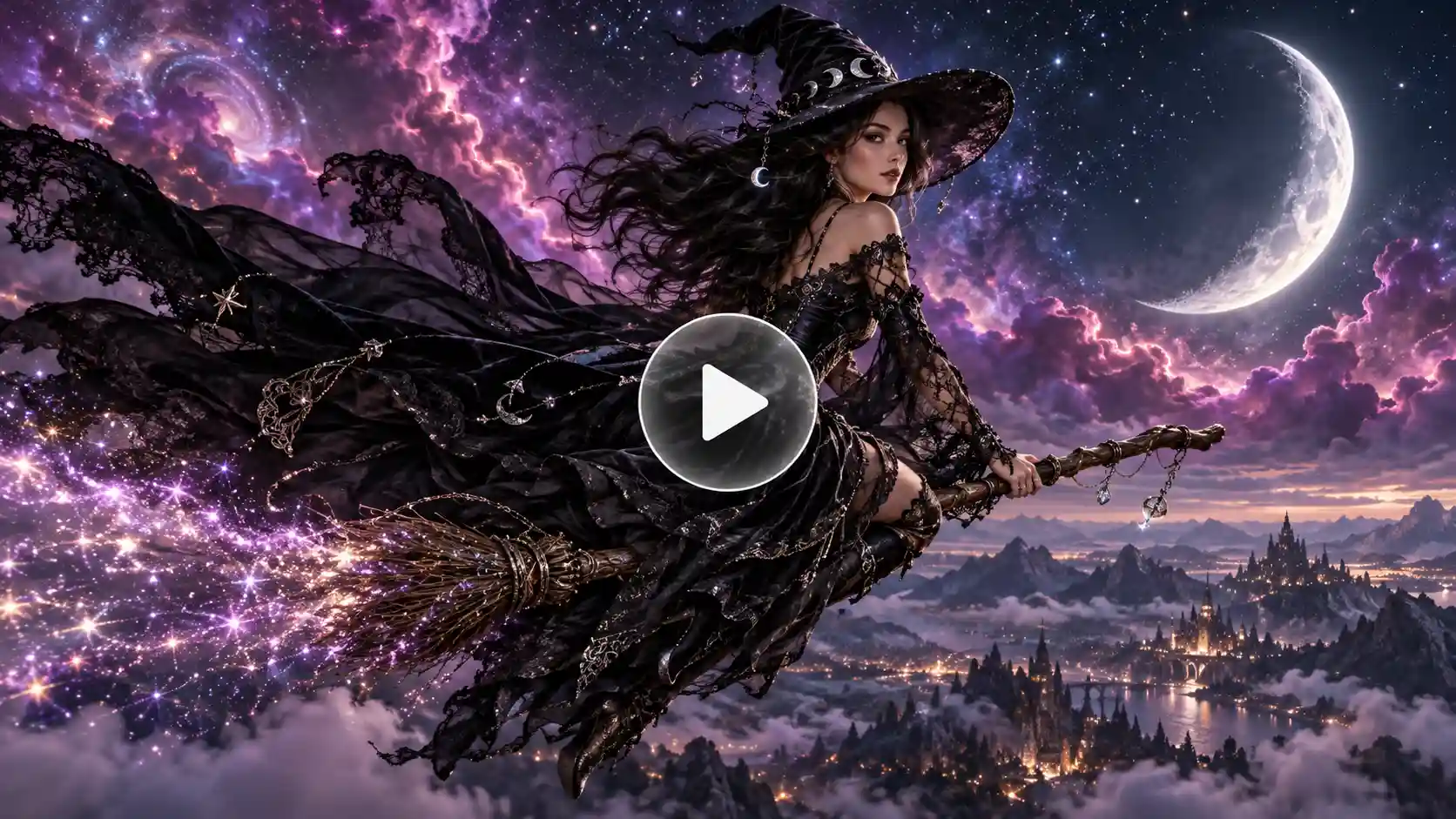 A woman in a witch costume on a broom in the purple sky and moon. 