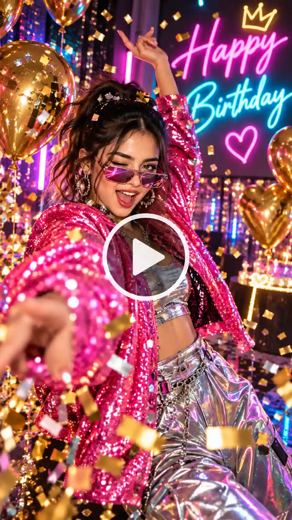 A girl celebrating her birthday with shiny and shimmer decorations.