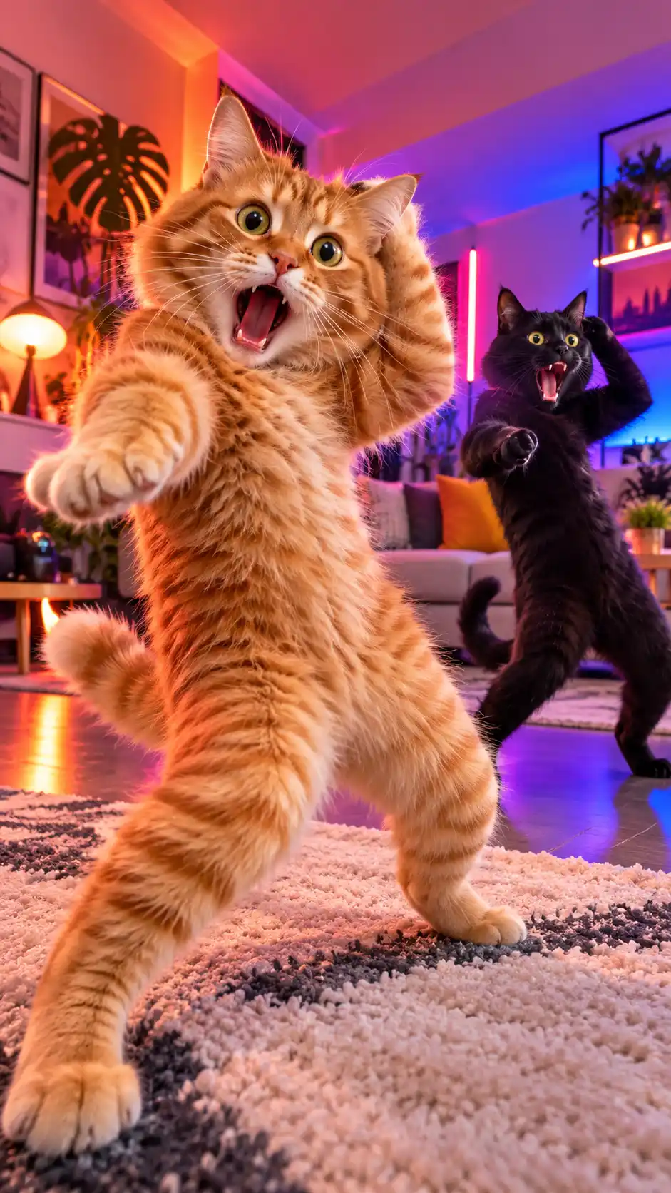 Two cats performing a dance in front of a wide angle camera. 