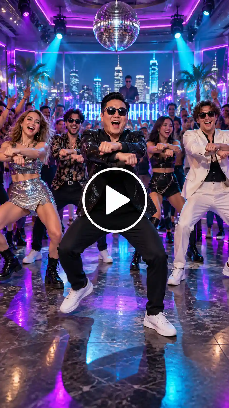 A group of people dancing the horse dance to the Psy Gangnam style song.