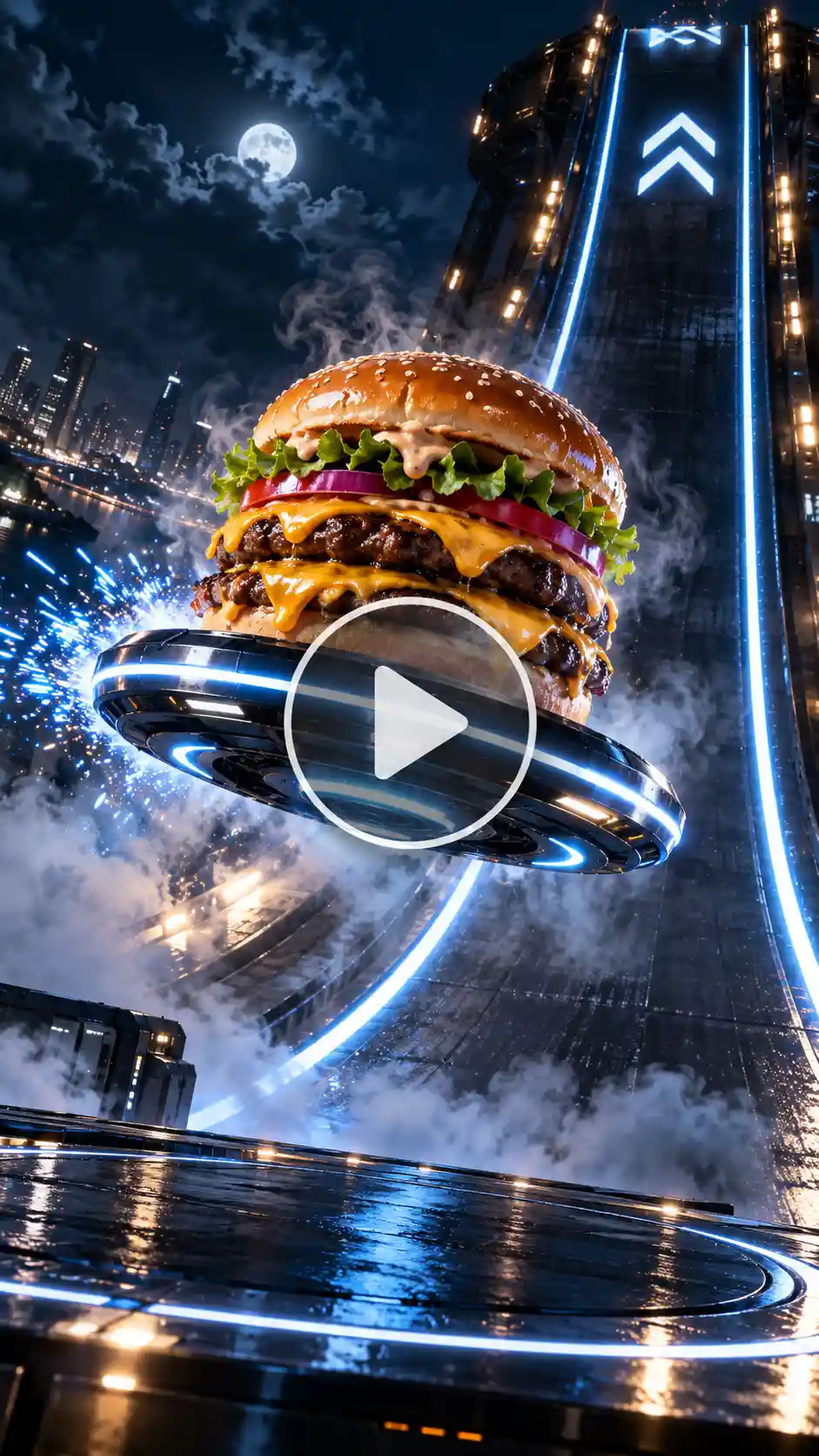A burger on a ramp coming from an anti-gravity ramp like the Tesla car.