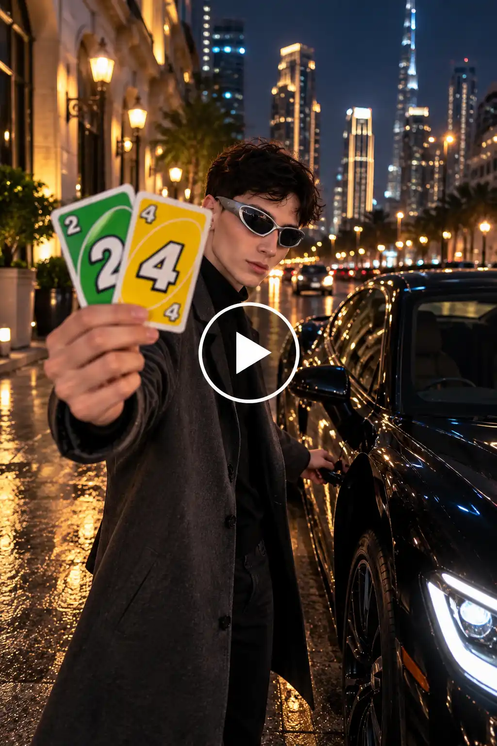 Walk to the car reel with a man in a long coat walking toward a black luxury car at night with city lights behind him.