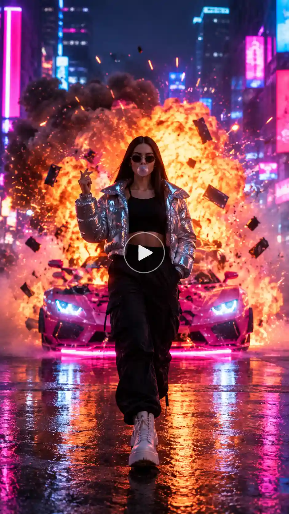 Woman in a silver jacket walking through a neon city with an exploding sports car behind her