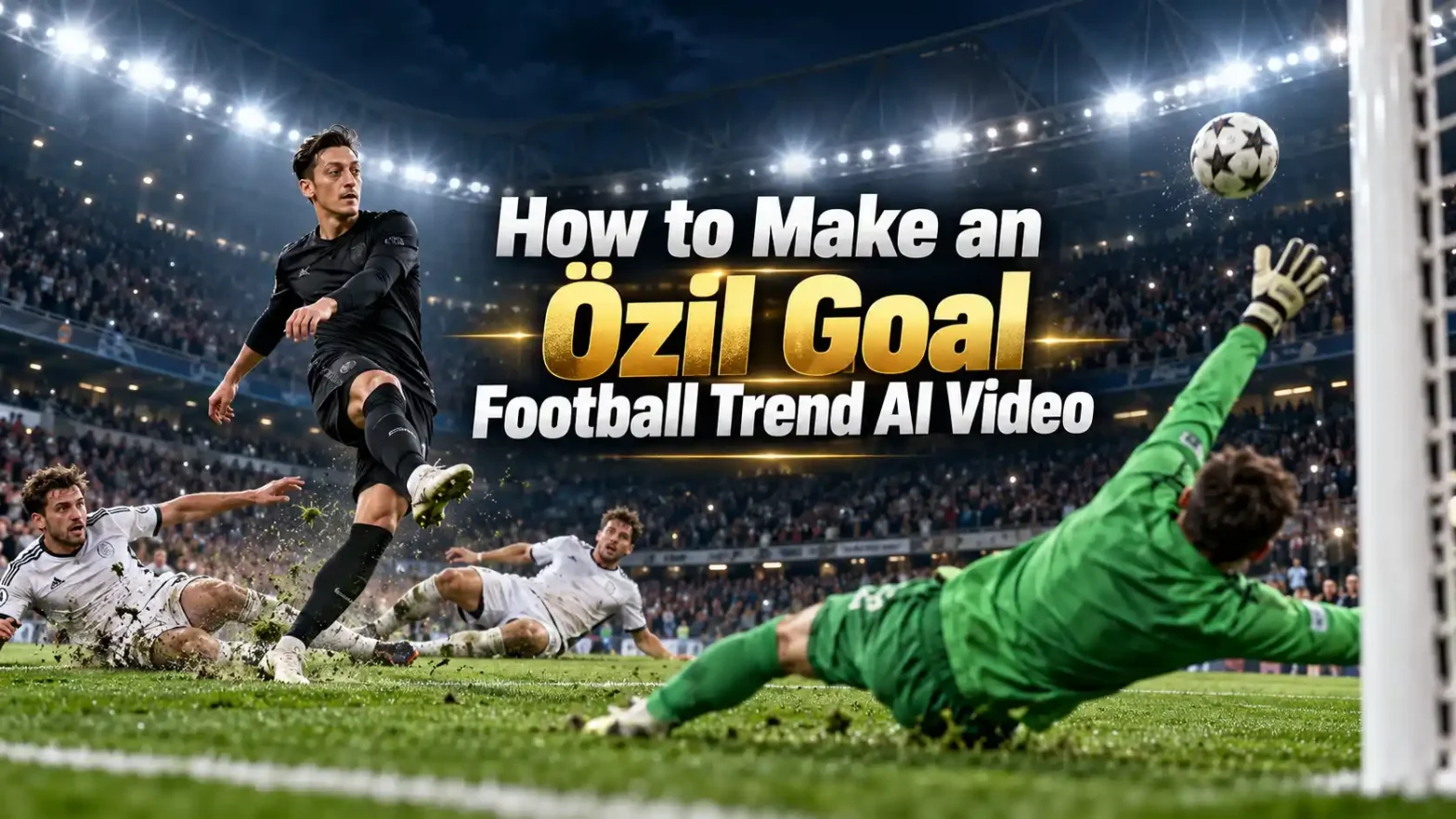 A football player scoring a goal while the defenders and goal keeper try to stop him.
