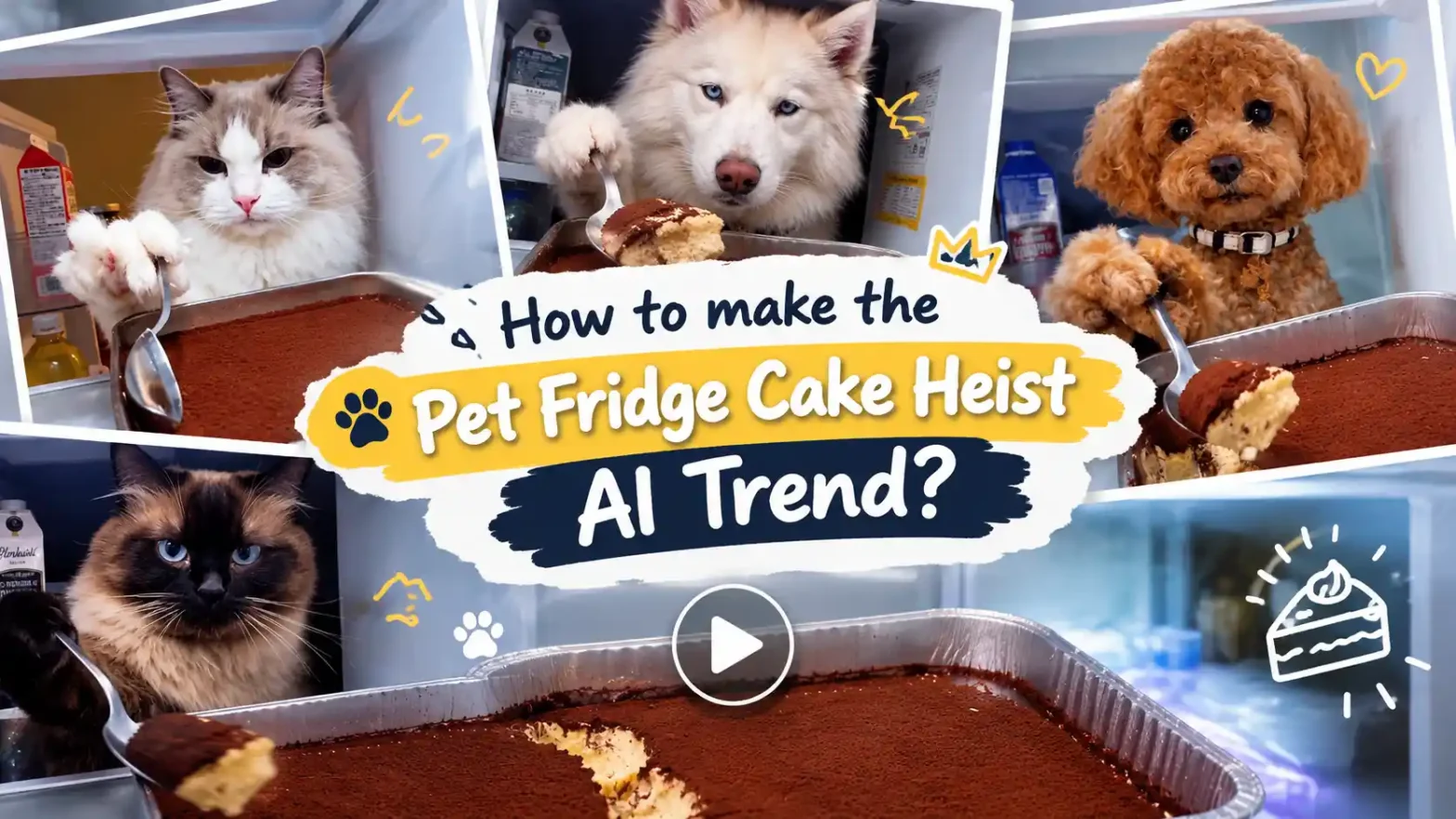 Landscape collage of cats and dogs stealing tiramisu from a fridge, with the title “How to Make the Pet Fridge Cake Heist AI Trend.