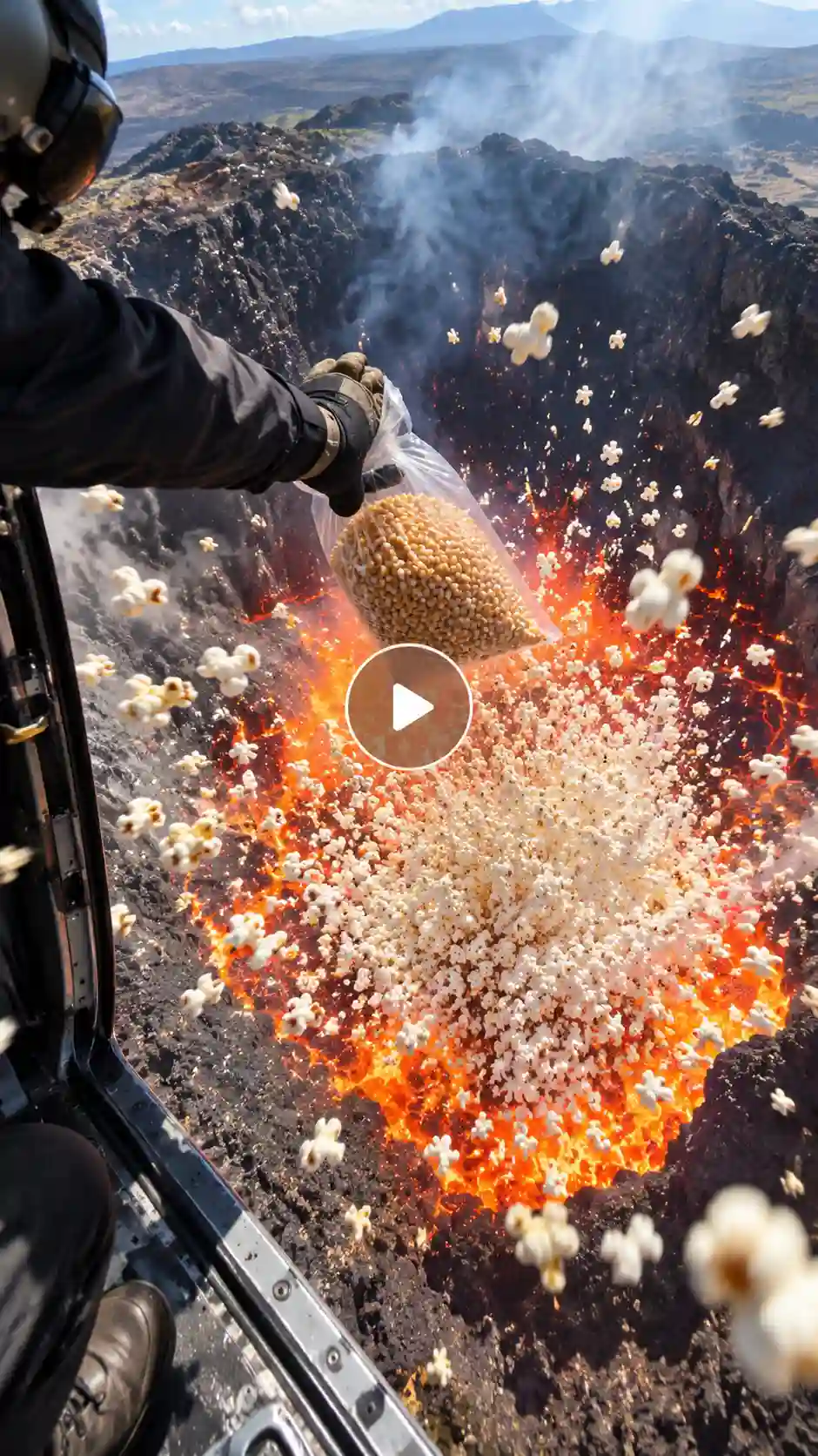 A helicopter passenger drops a bag of corn kernels into a glowing volcanic crater, triggering a dramatic explosion of white popcorn above the molten lava, with a transparent play button in the center. 