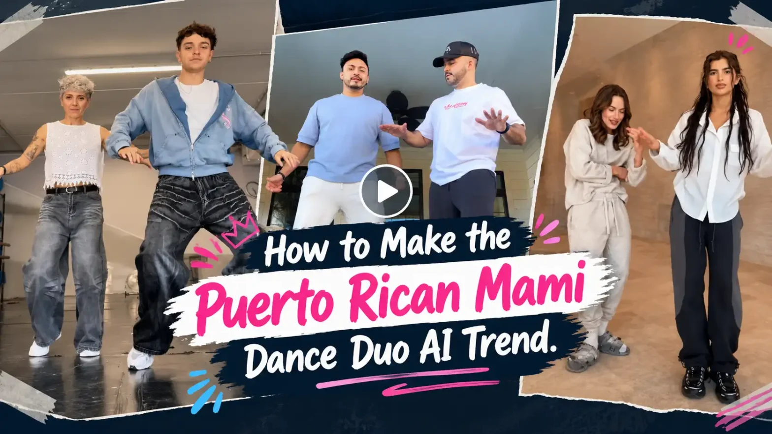 Puerto Rican Mami Dance Duo AI trend featuring three dance duos in a collage with a bold central title.