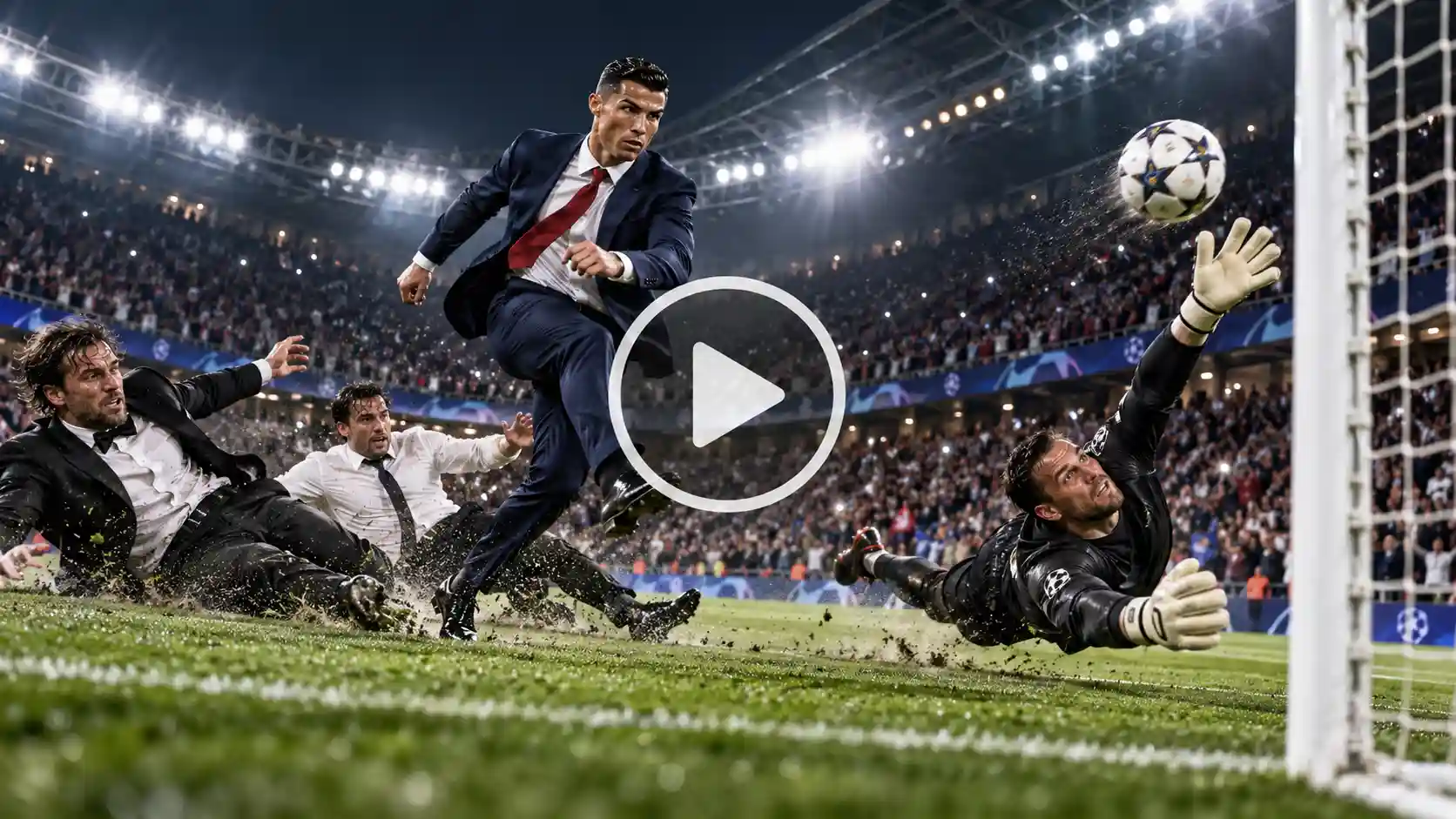 A football player scoring a goal while the defenders and goal keeper try to stop him.