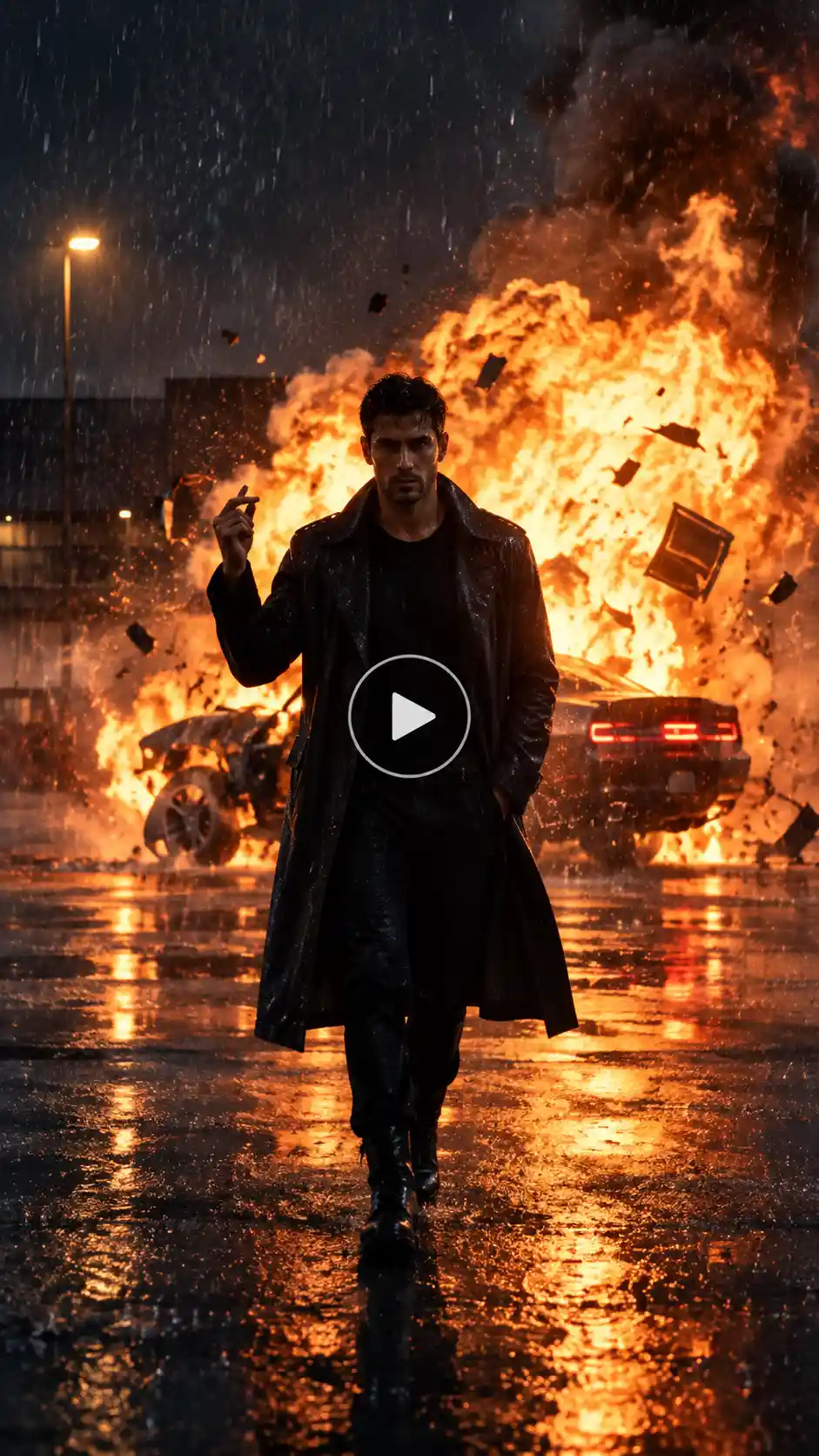 Man in a black coat walking through the rain with an exploding car behind him