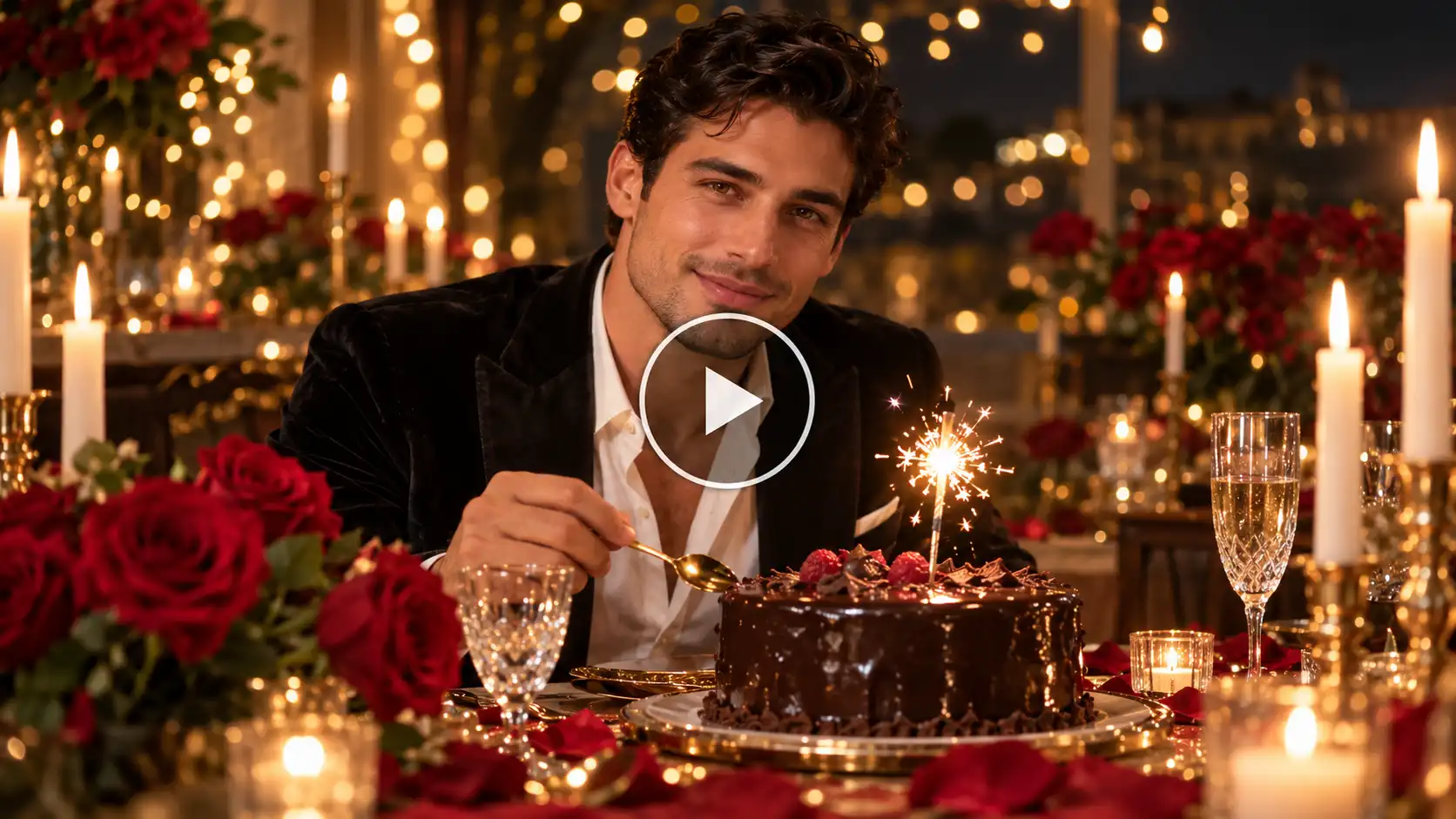 A young man celebrating his birthday with candles and elite decoration.