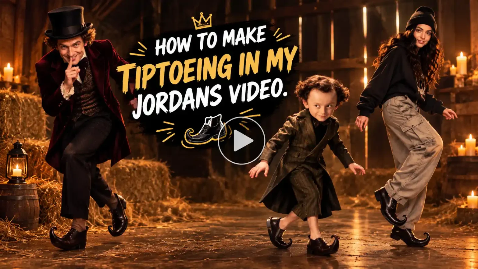 Tiptoeing in My Jordans AI video banner featuring a man, woman, and child performing curled-toe shoe dance moves in a candlelit barn.
