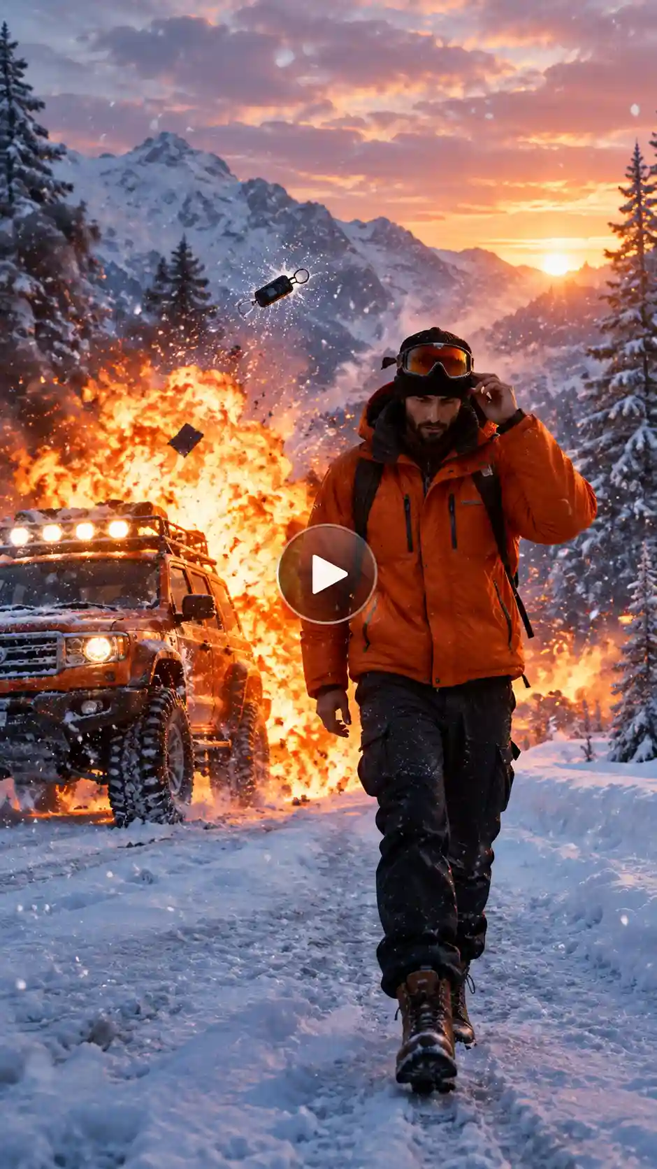 Man in an orange winter jacket walking away from an exploding off-road vehicle in snowy mountains