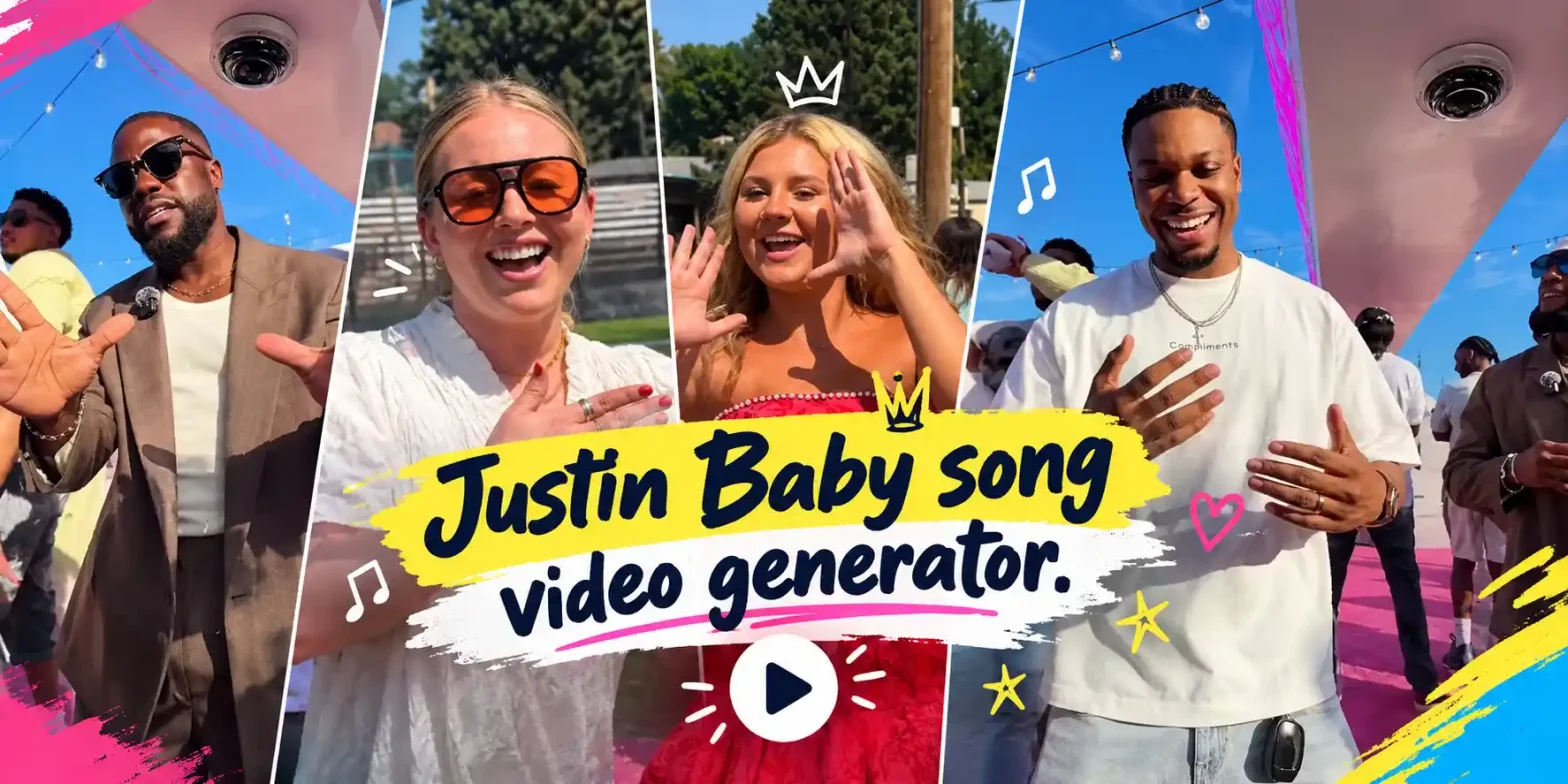 Four people enjoying the Justin Bieber Baby song lip-sync trend at a summer party, with a colorful collage and bold video generator title.
