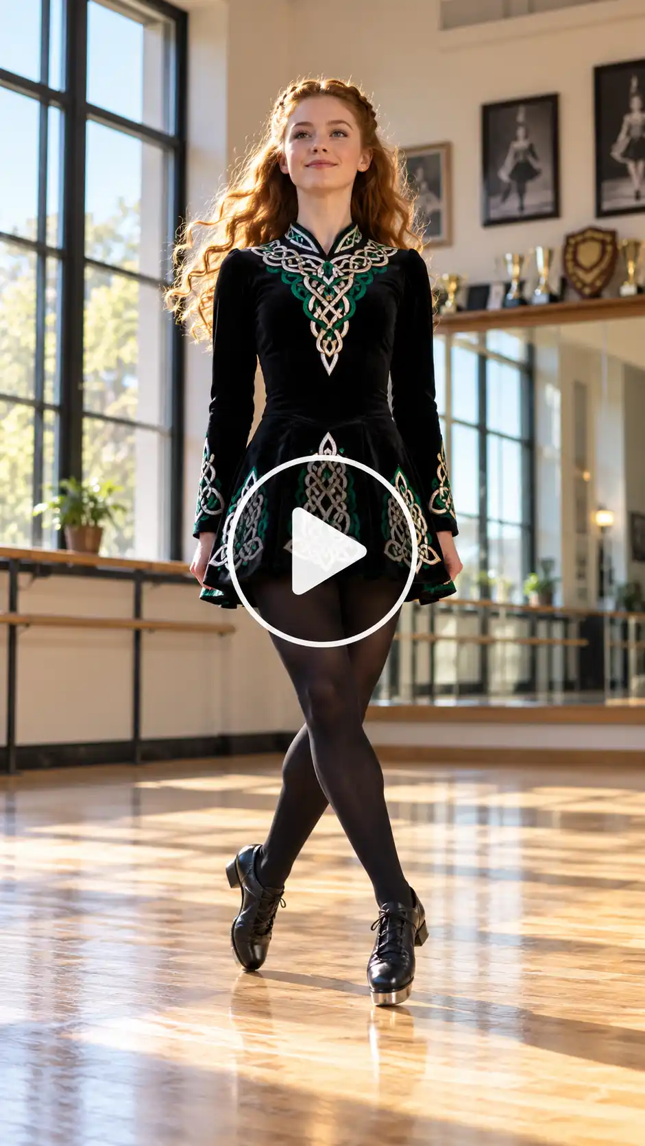 A woman creating the Irish Dancer walk video.