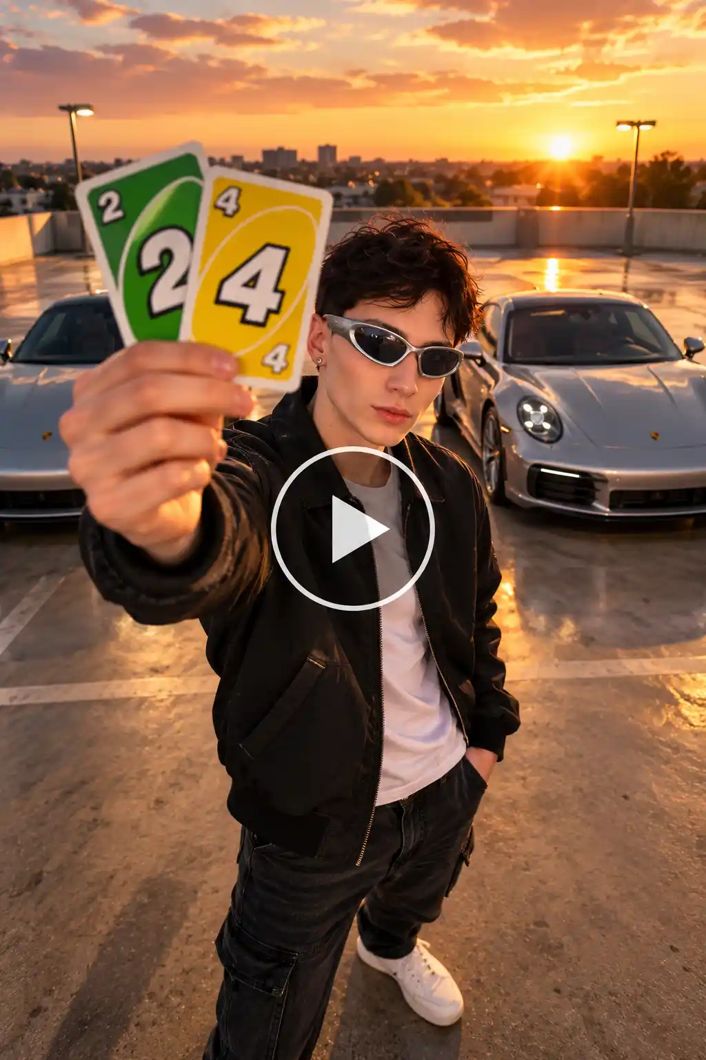 Unforgettable AI trend showing a man holding Uno-style cards that read 24, with two Porsches behind him after the cards drop.