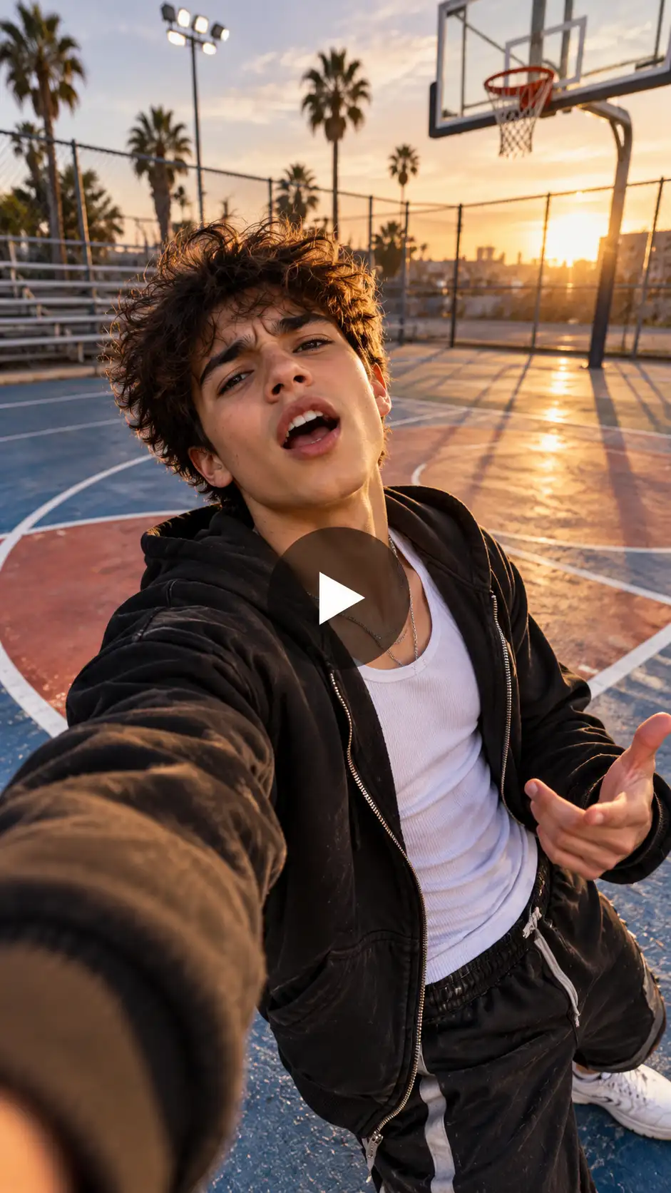 A guy lip syncing and recording a video of himself on his camera.