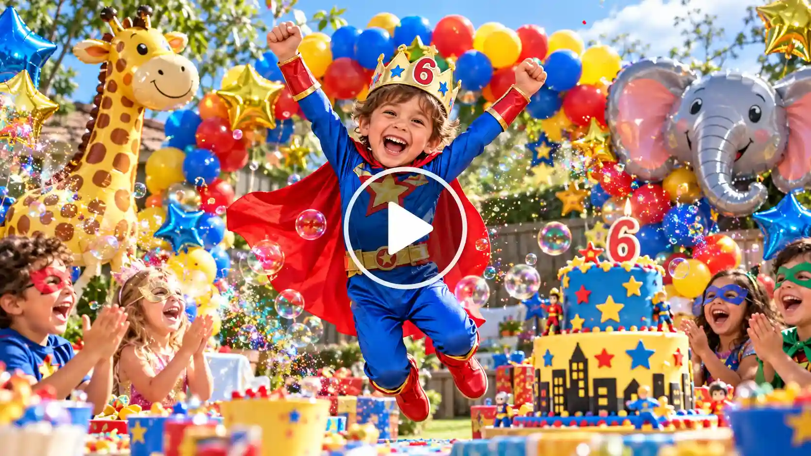 A kid enjoying his superhero themed birthday party with his friends.
