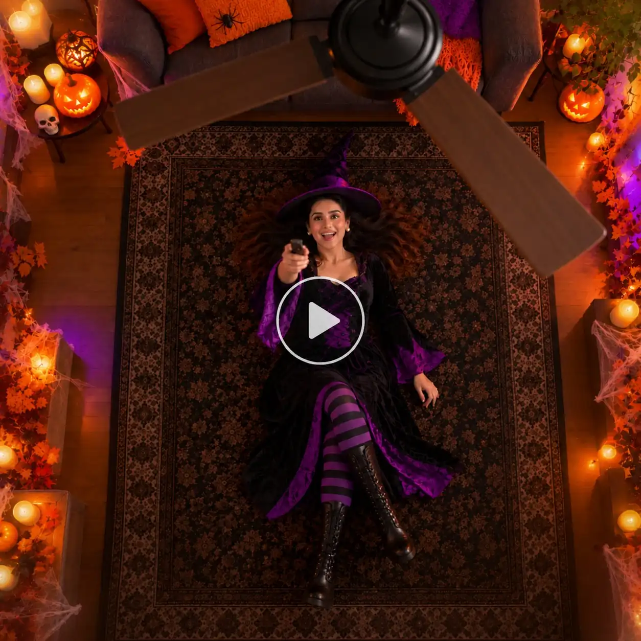 Christmas ceiling fan trend with a woman lying on a festive rug, holding a remote, surrounded by Christmas decorations.