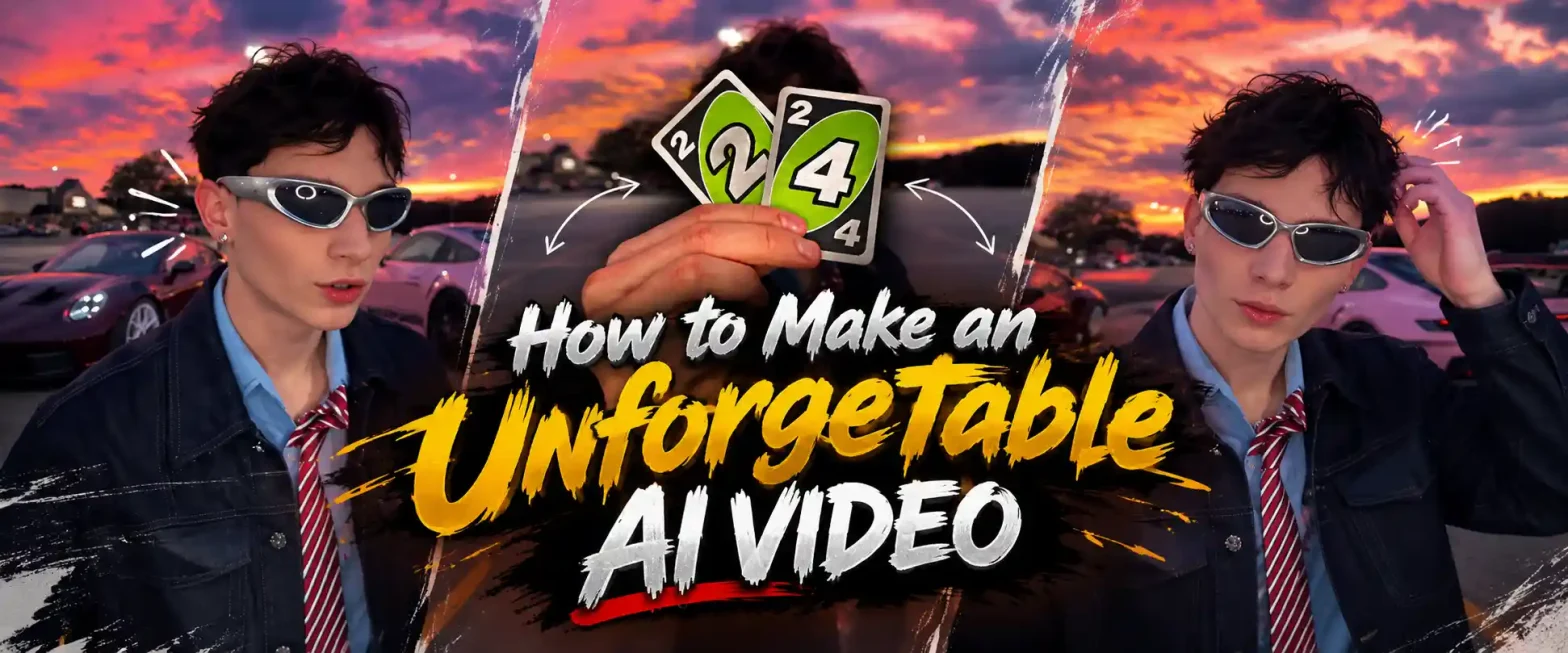 How to make an unforgettable AI video with three AI-generated car reveal scenes, each starting with Uno-style cards.
