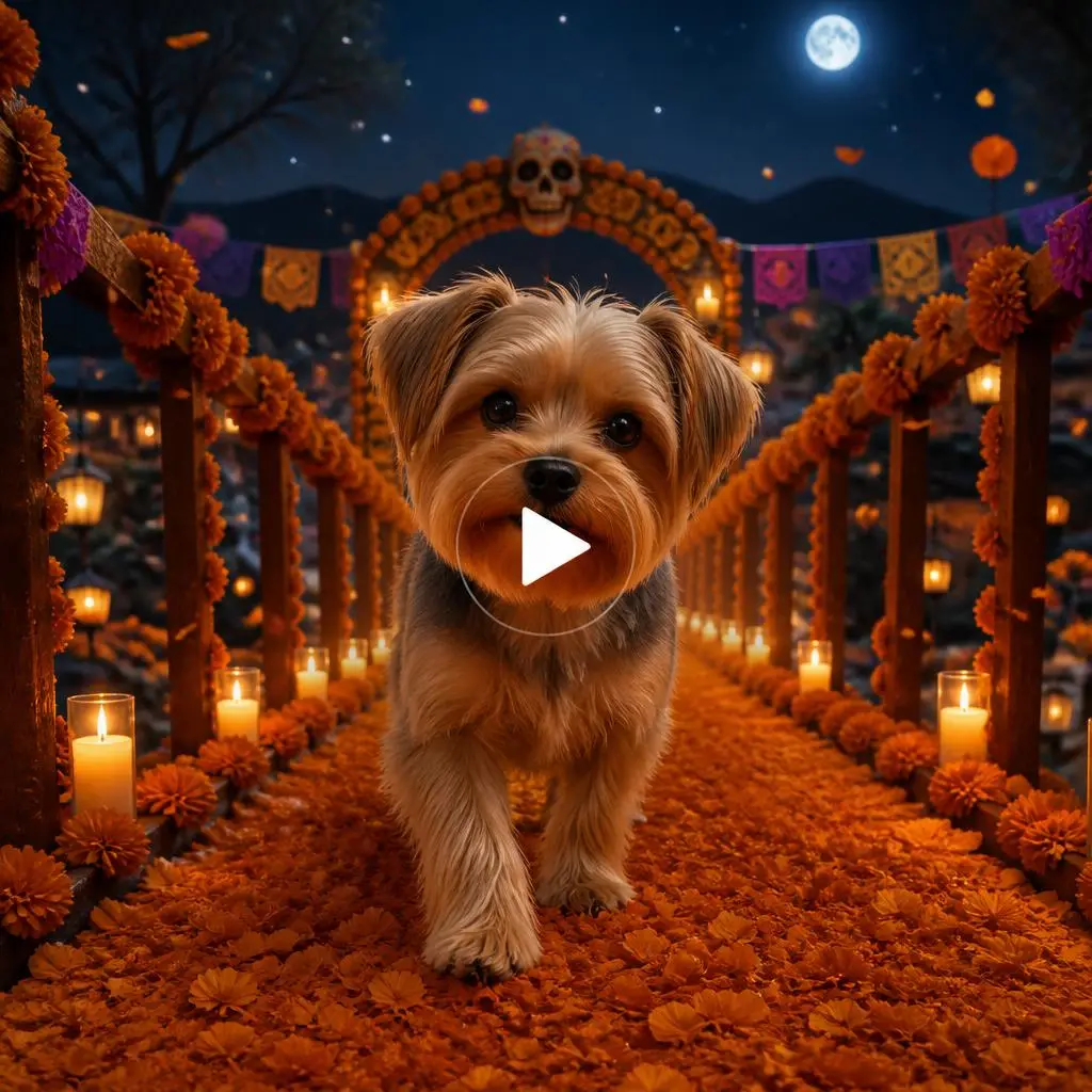 Yorkshire Terrier walking on a candlelit marigold path under the moon, featuring Day of the Dead decorations and a centered play button.