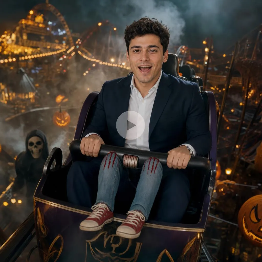Man in a Halloween roller coaster costume with dangling legs at a glowing amusement park.