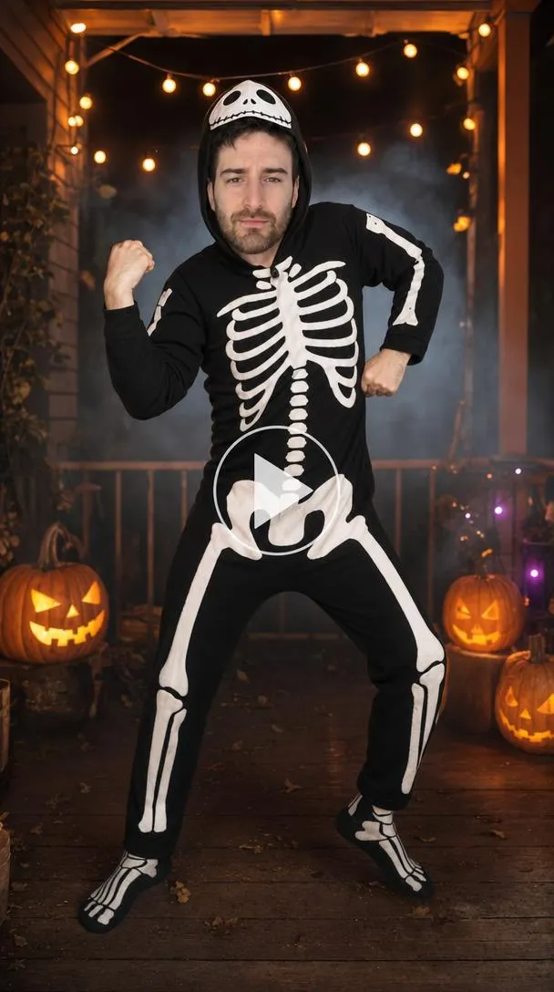 Man wearing a black skeleton-print jumpsuit and skull hood at a spooky Halloween porch.