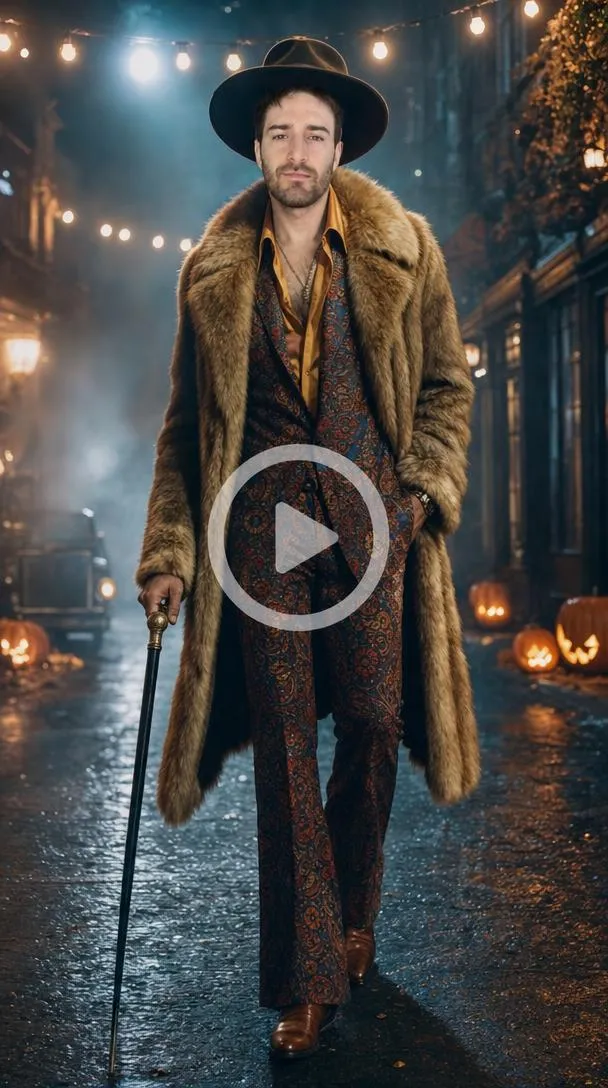 Man in a 70s-style fur coat, colorful suit, wide-brim hat, and cane on a foggy Halloween street.