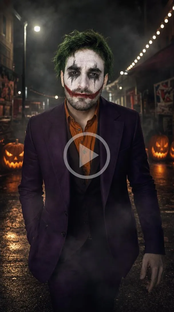 Man with white face paint, green hair, and a purple suit in a spooky Halloween setting.