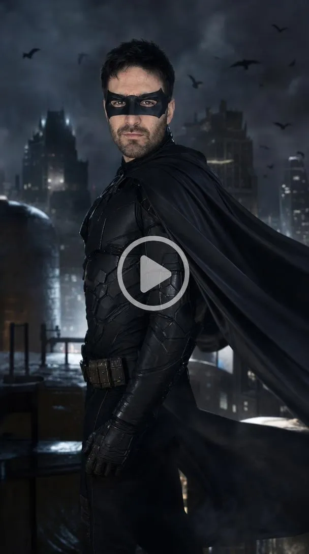 Man in a black armored superhero suit and flowing cape on a foggy city rooftop.