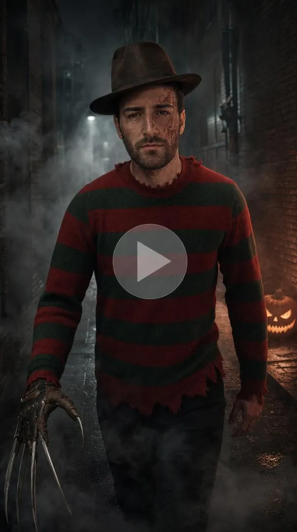 Man in a red-and-green striped sweater, brown fedora, and bladed glove in a dark Halloween alley.