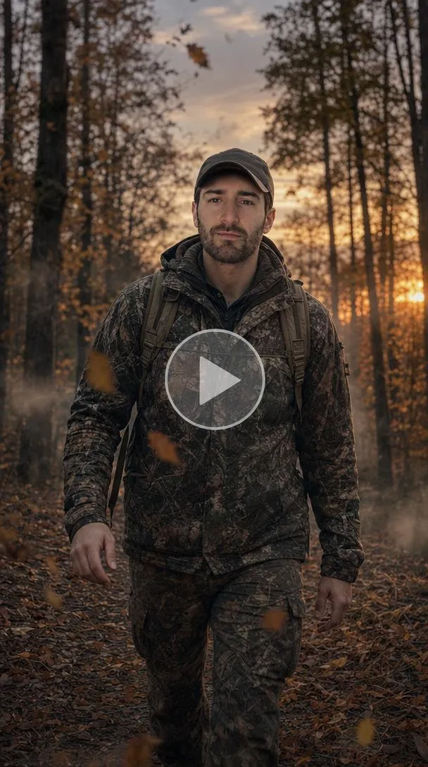 Man in a camouflage jacket and cap walking through a misty autumn forest at dusk.