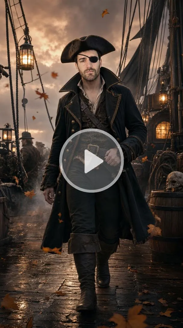 Man dressed as a Halloween pirate in a tricorn hat and dark coat on a foggy ship deck.