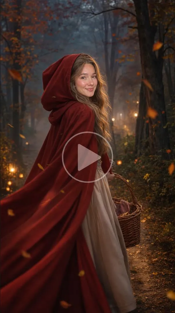 Woman wearing a red hooded cape and carrying a basket on a misty autumn forest path.
