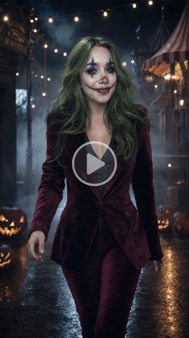 Woman with white face paint, green hair, and a red smile in a spooky Halloween street scene.