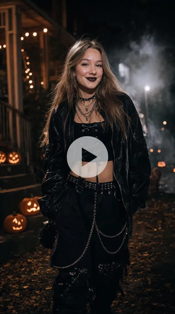 Woman in an edgy gothic Halloween outfit with bold makeup and layered accessories.