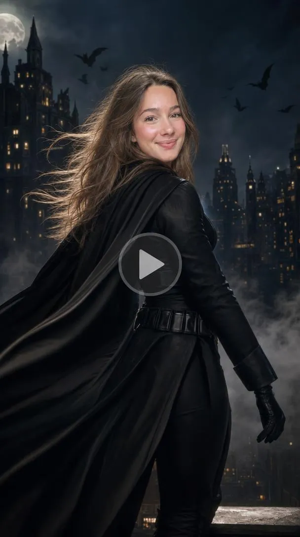 Woman wearing a black superhero suit and flowing cape against a foggy nighttime city backdrop.