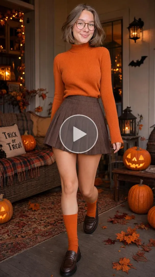 Woman wearing an orange turtleneck, pleated skirt, and round glasses in a cozy Halloween setting.