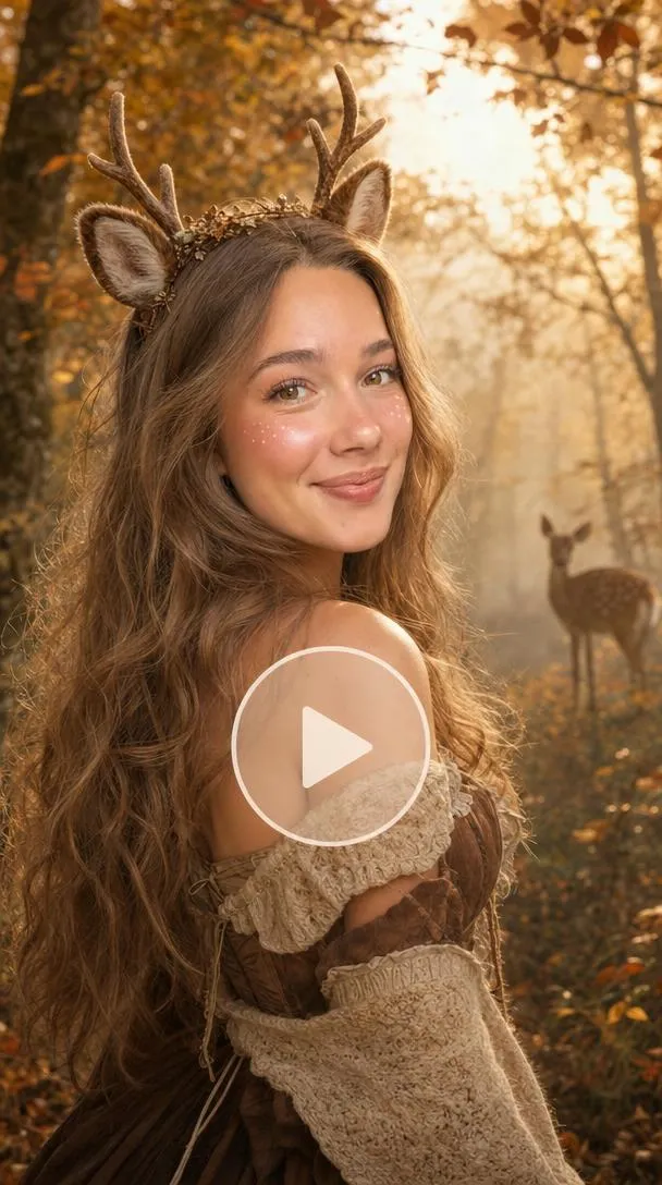 Woman with deer-inspired makeup and small antlers in a misty autumn forest.