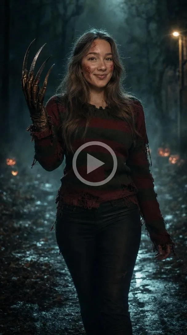 Woman in a striped horror sweater or dark jumpsuit with a white hockey mask in a foggy Halloween scene.