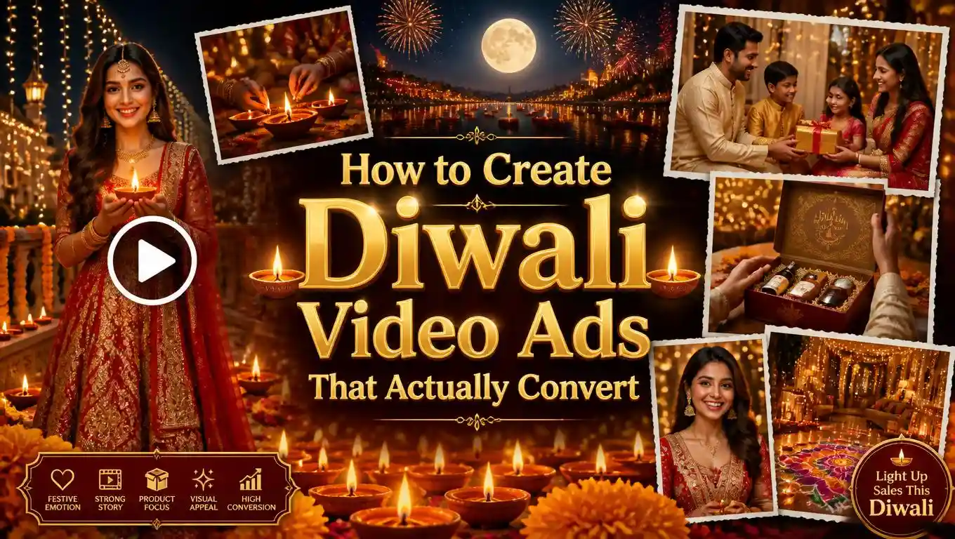 Alt text : Diwali video ads banner with a woman in a red lehenga holding a diya, family gifting scenes and glowing diyas.