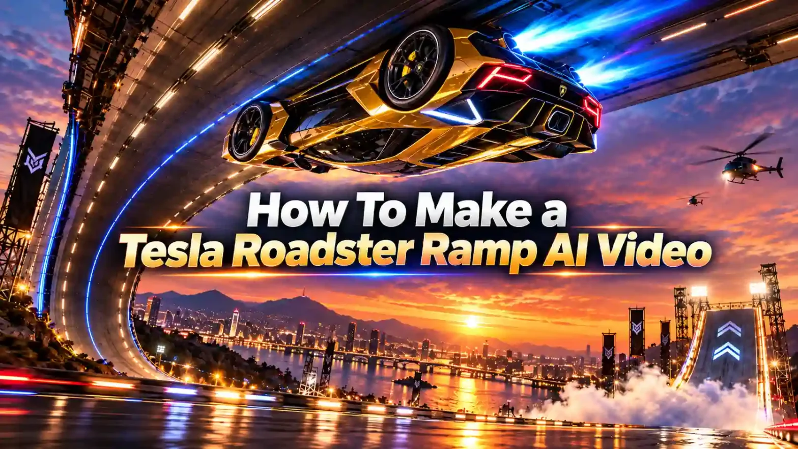 A car racing upside down on a road in a futuristic city.