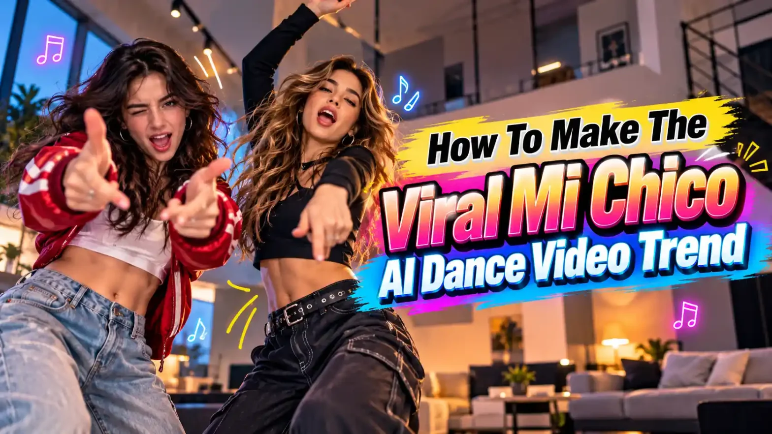 Two girls in hip hop clothing with hand gestures pointing to the screen and singing.